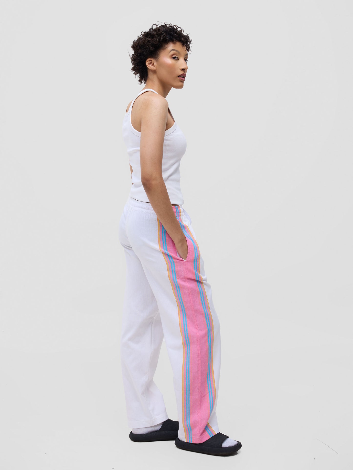 White Pink Stripe Cotton Lounge Pants - Soft & Breathable