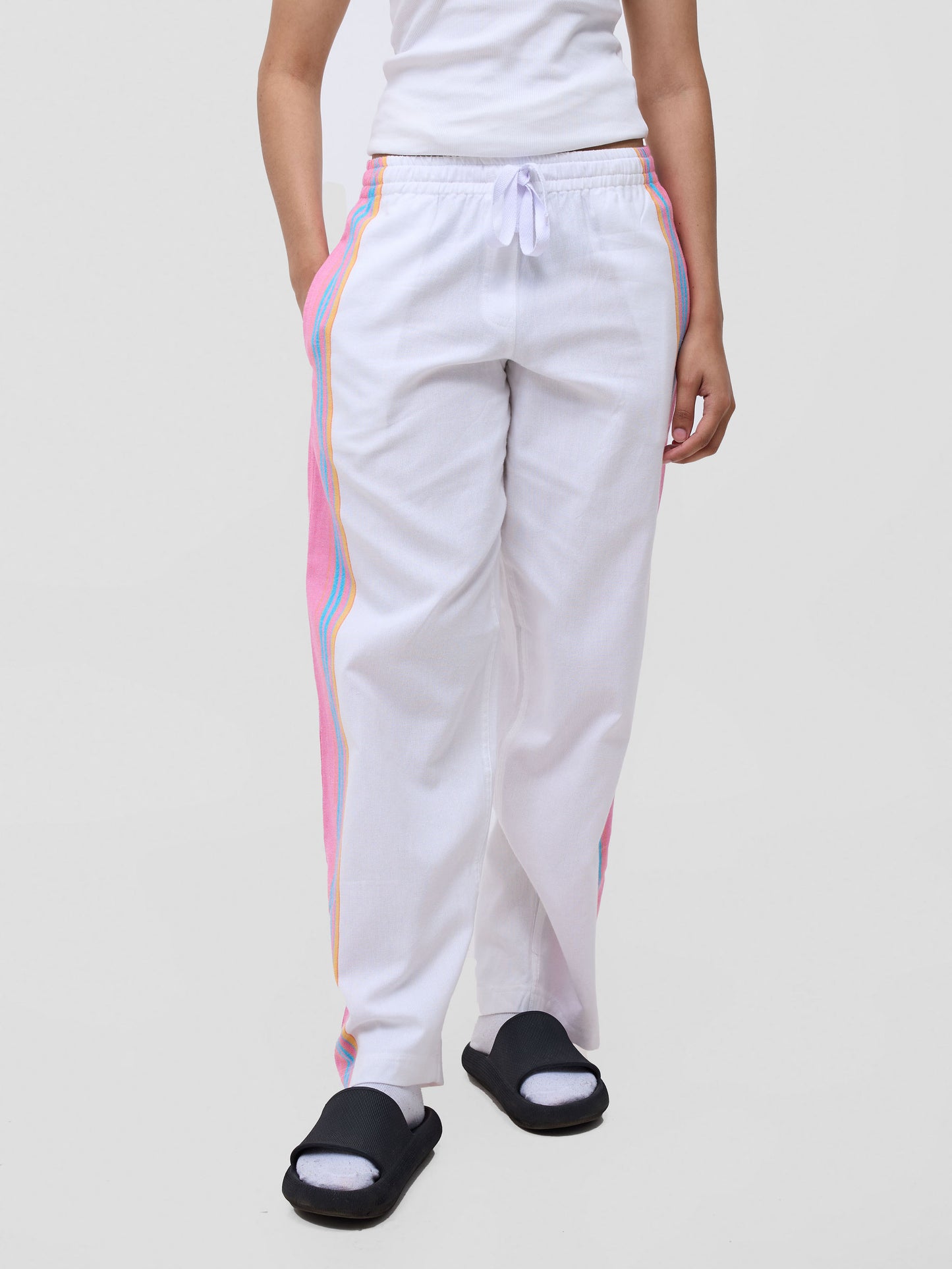 White Pink Stripe Cotton Lounge Pants - Soft & Breathable