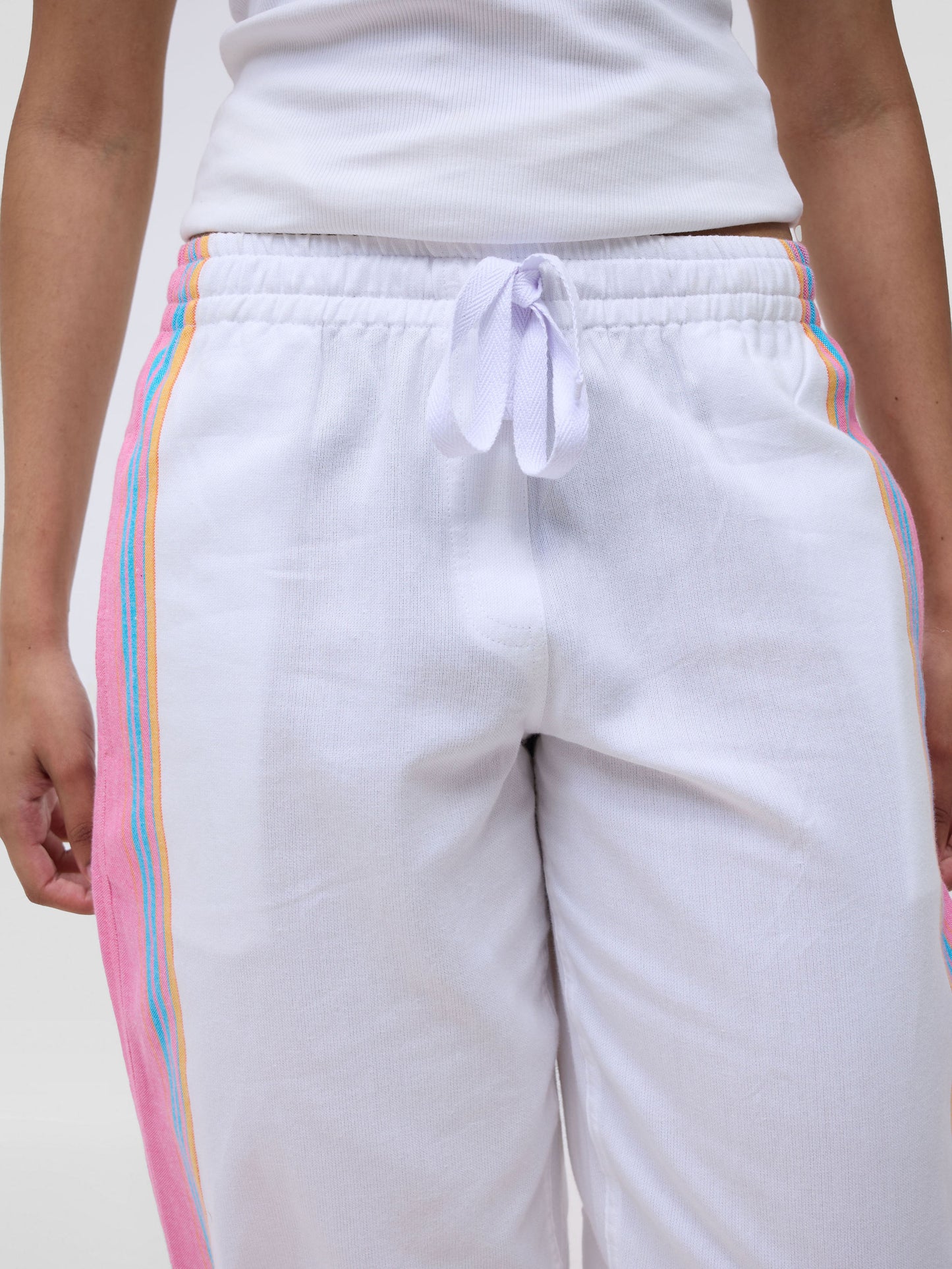 White Pink Stripe Cotton Lounge Pants - Soft & Breathable