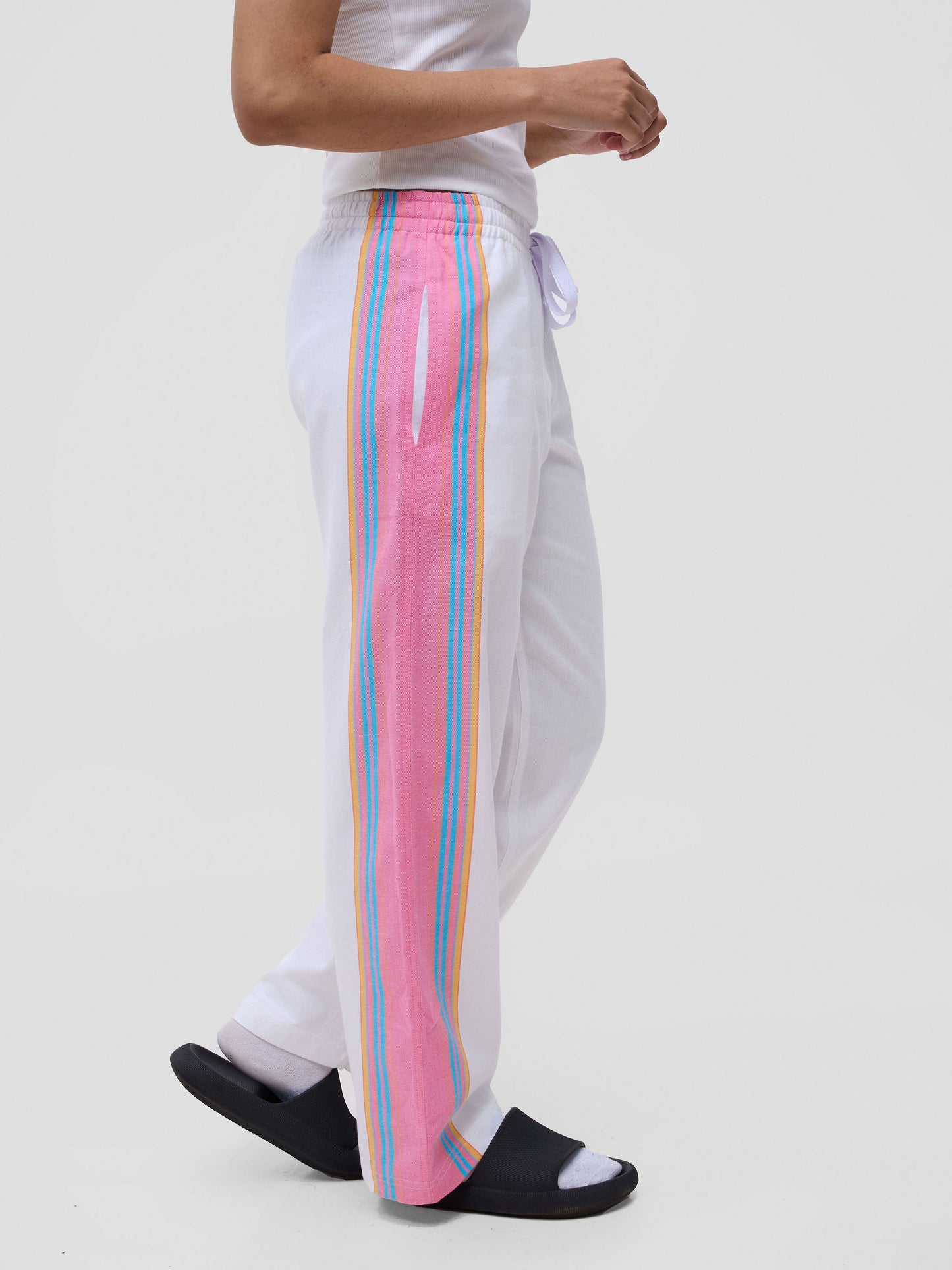 White Pink Stripe Cotton Lounge Pants - Soft & Breathable