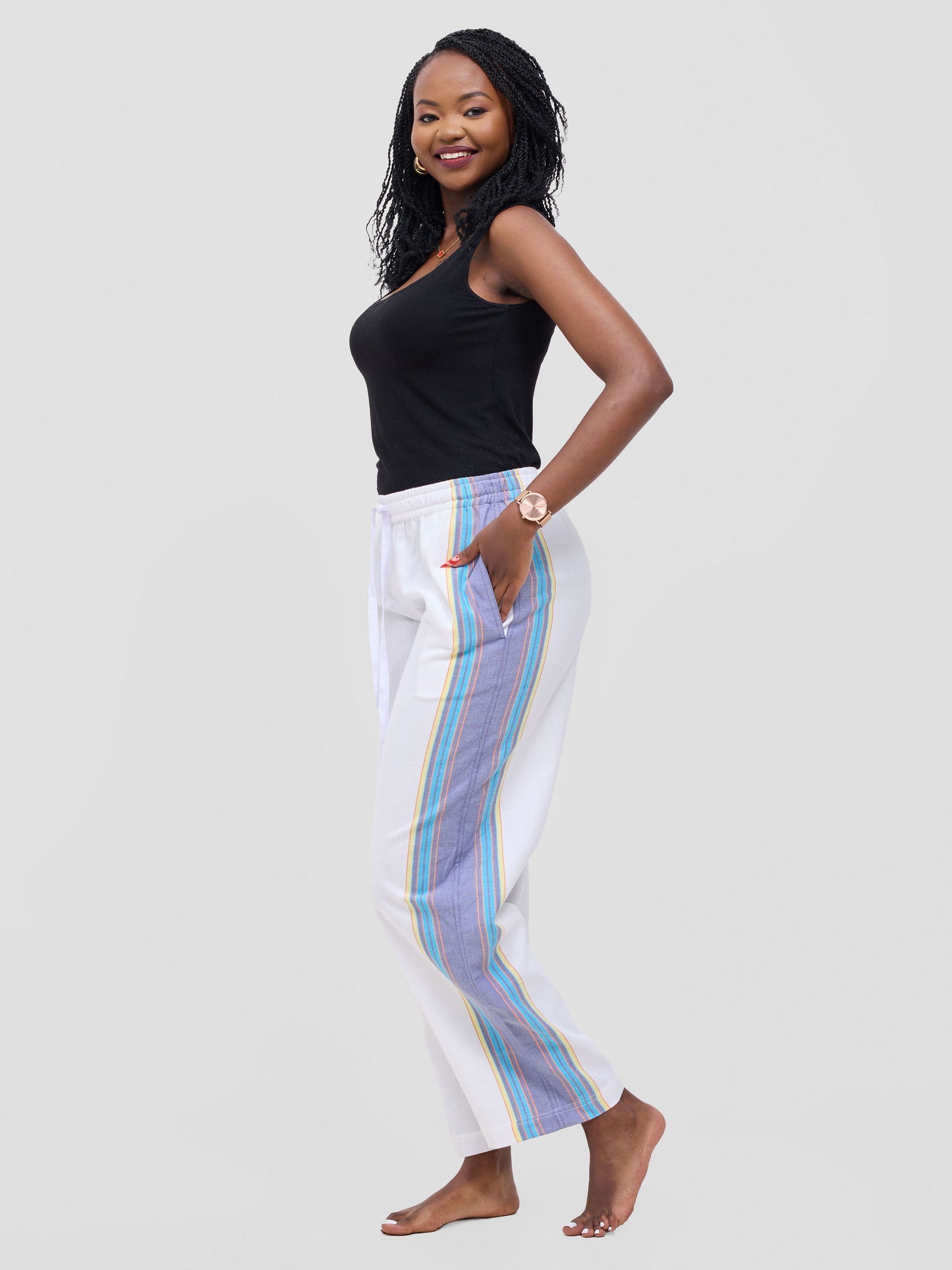 White Purple Stripe Cotton Lounge Pants - Soft & Breathable