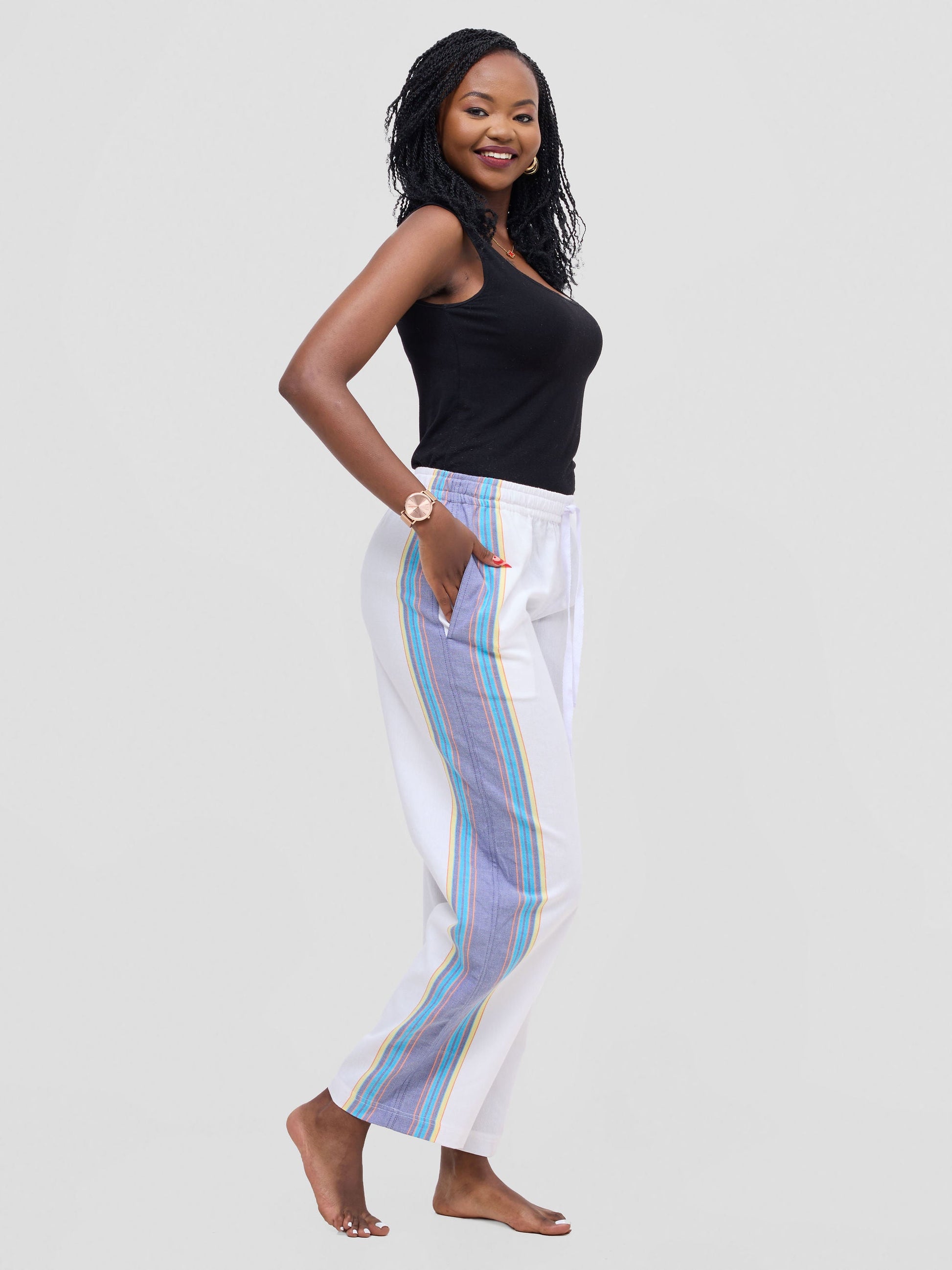 Female model in a kikoy trousers